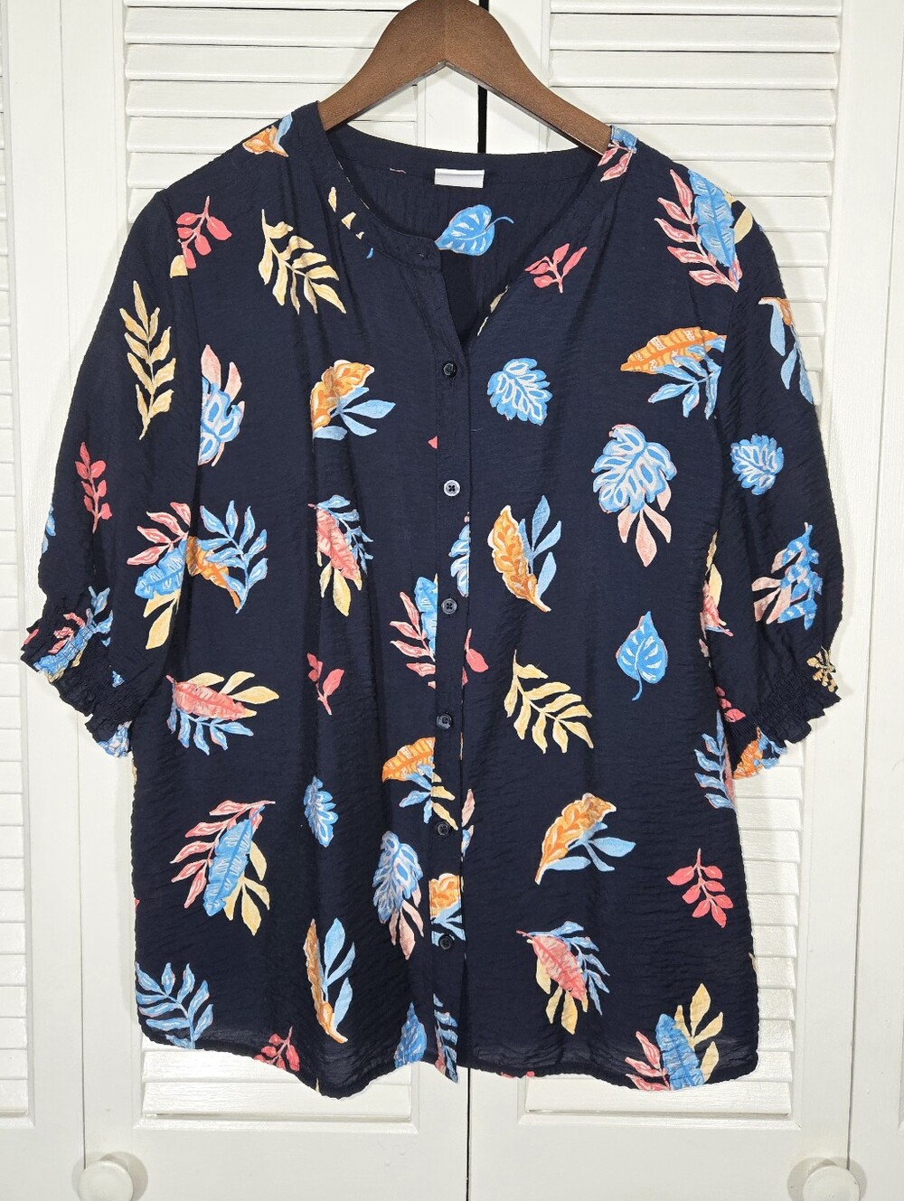 Croft & Barrow Button Down Tropical Multicolor Leaf Pattern Short Sleeve Top XL